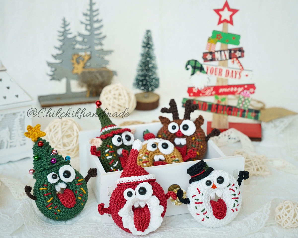 6-in-1 Christmas Donut Amigurumi Crochet Pattern – Goofy Christmas Donuts Classic, PDF Tutorial (En/Fr/De/Es/It/Nl)