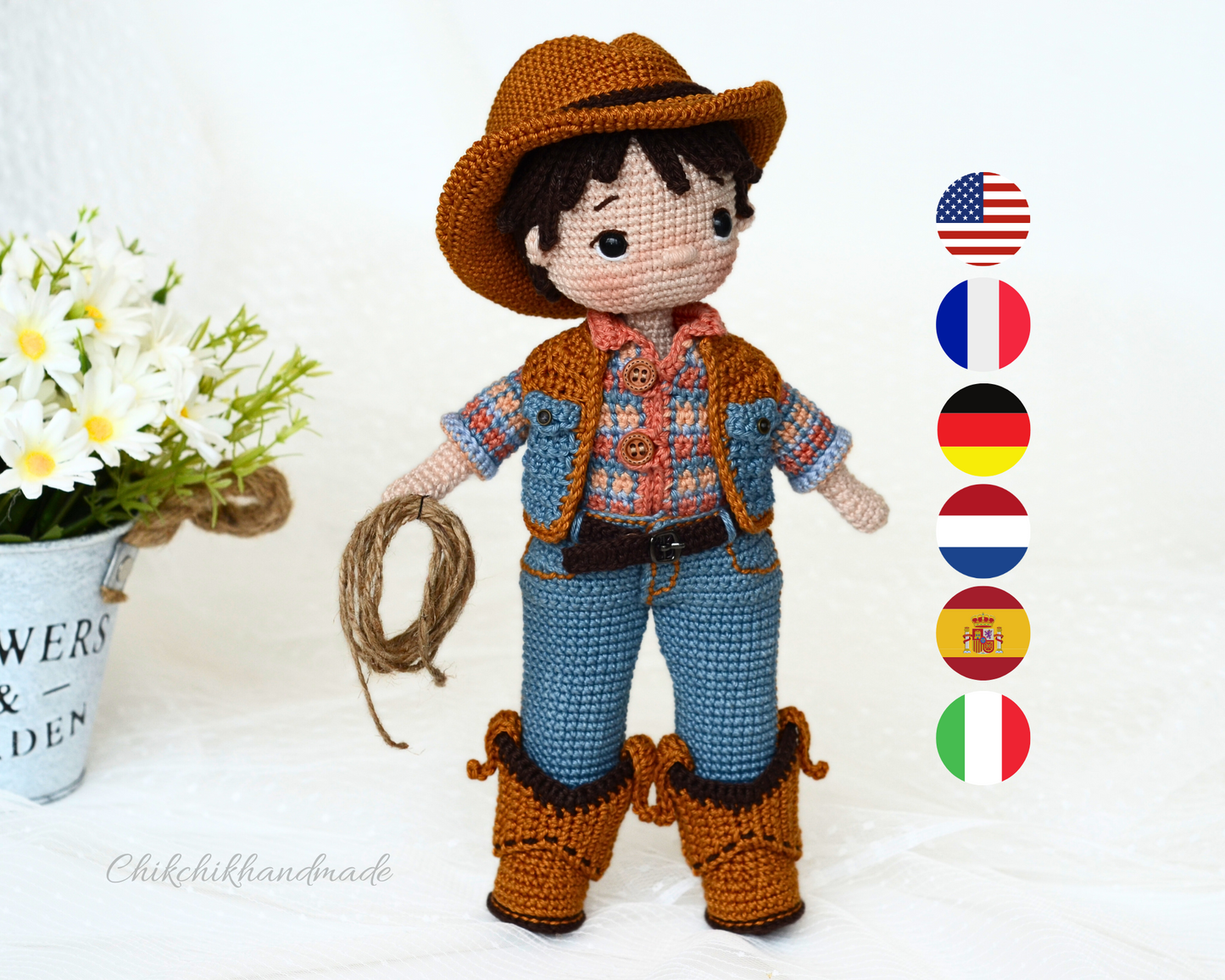 Crochet Cowboy Doll Pattern, Amigurumi Doll Cowboy, FRANKLIN the Cowboy, PDF in English, Français, Deutsch, Español, Nederlands, Italiano