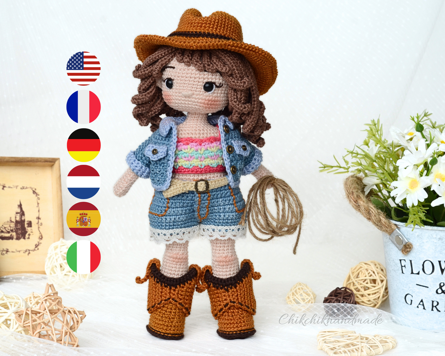 Crochet Doll Pattern PDF – Amigurumi Cowgirl Doll CHARLOTTE | DIY Crochet Toy, Step-by-Step Crochet Tutorial (En, Fr, De, Nl, It, Es)