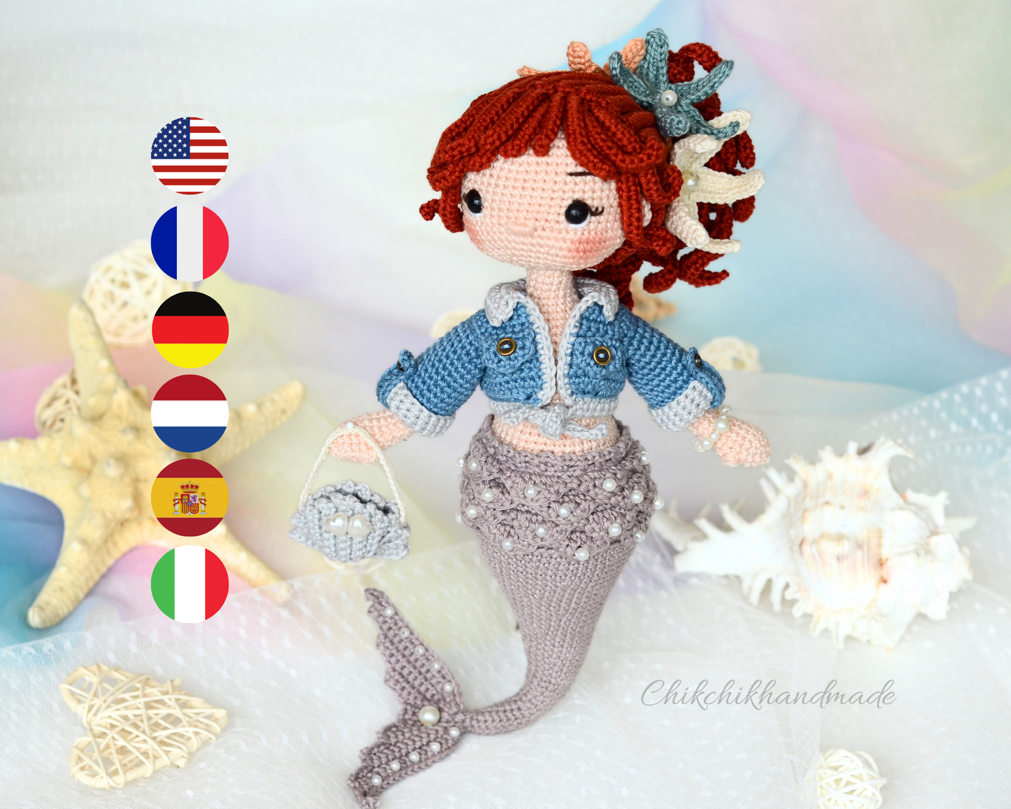 Crochet Mermaid Doll Pattern Amigurumi, PEARLYN the Mermaid, PDF Tutorial (En, Fr, De, Esp, Nl, It)