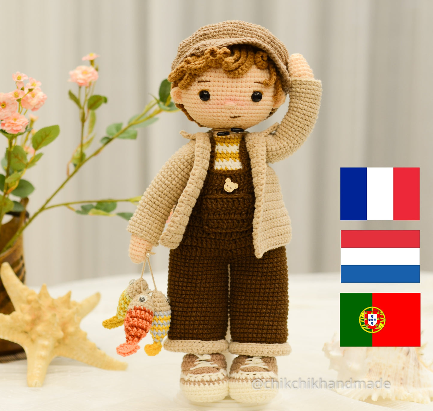 Crochet Doll Pattern Amigurumi, TOMMY The Fisher, PDF in English, French, Dutch, Portuguese