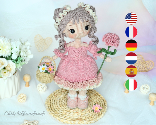 Crochet Doll Pattern, CLARA the Carnation Girl, Amigurumi Doll Pattern, PDF Tutorial (En, Fr, De, Esp, Nl, It)