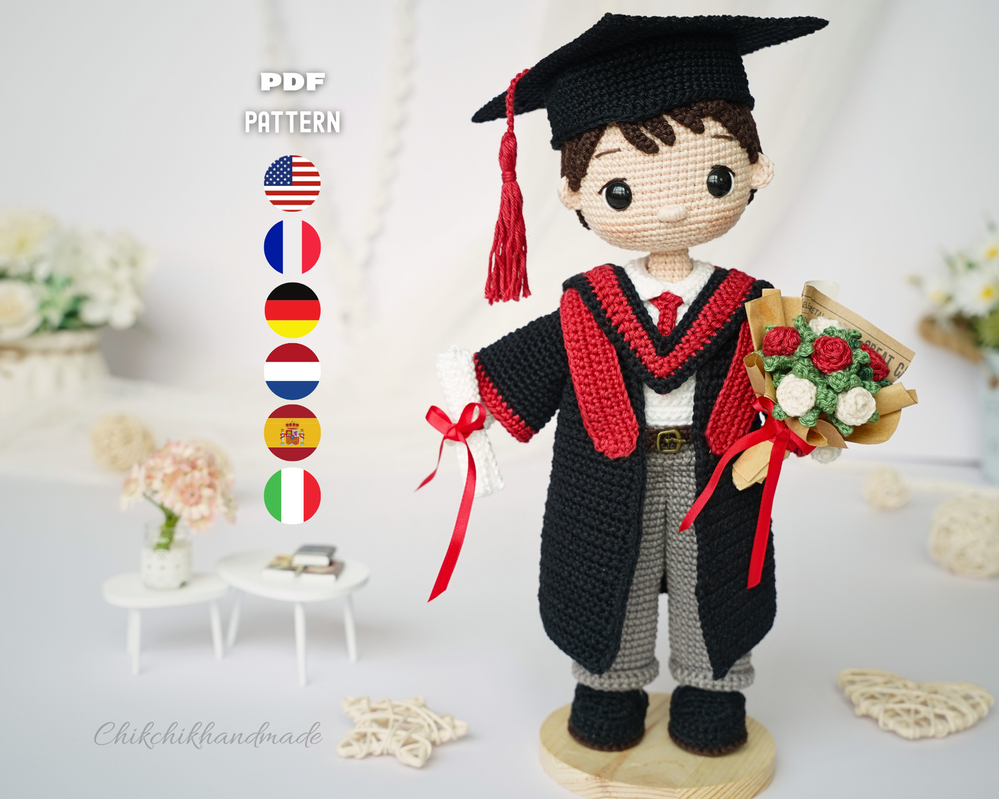 Graduation Doll Crochet Pattern, Liam the Graduate Amigurumi, Graduate Boy Doll PDF Pattern (En/Fr/De/Es/Nl/It)
