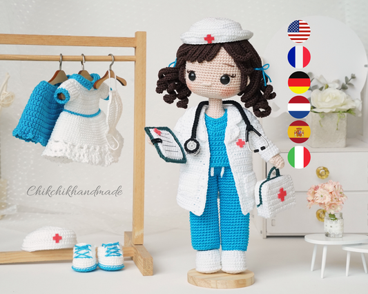Crochet Doctor & Nurse Doll Pattern, HELEN Amigurumi Doll PDF Tutorial (En/Fr/De/Esp/Nl/It)