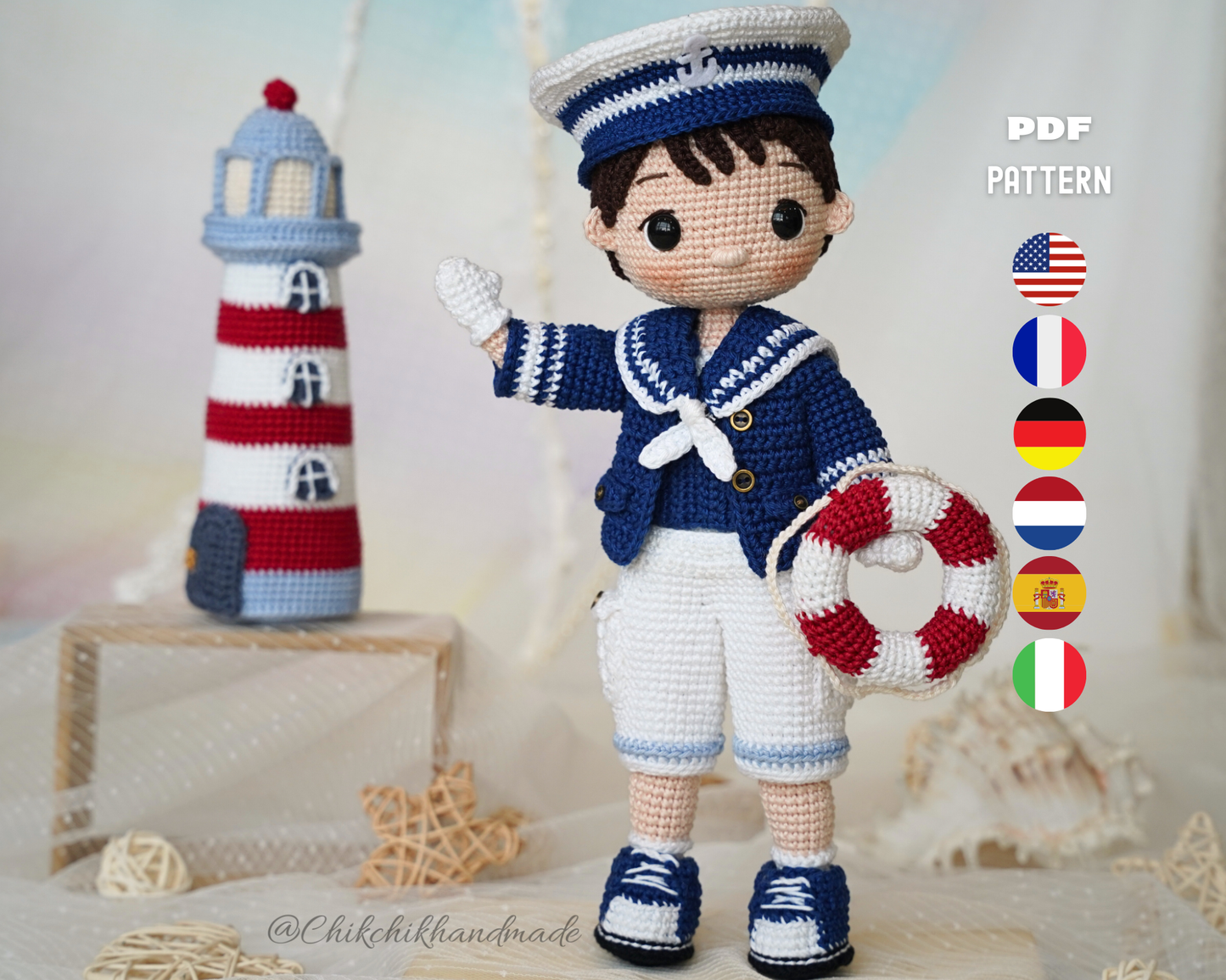 Crochet Sailor Boy Doll Pattern, Nautical Amigurumi Doll Pattern, Peter the Sailor, PDF Tutorial (En/Fr/De/Es/Nl/It)