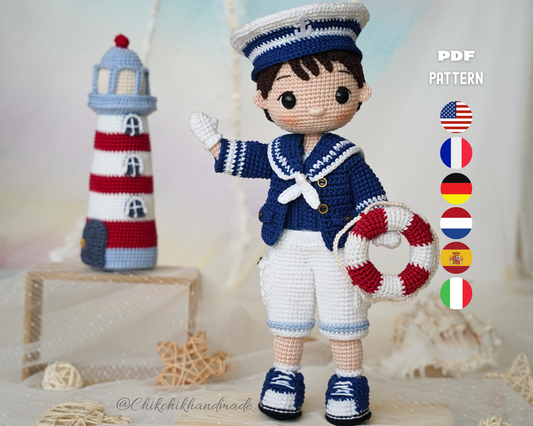 Crochet Sailor Boy Doll Pattern, Nautical Amigurumi Doll Pattern, Peter the Sailor, PDF Tutorial (En/Fr/De/Es/Nl/It)