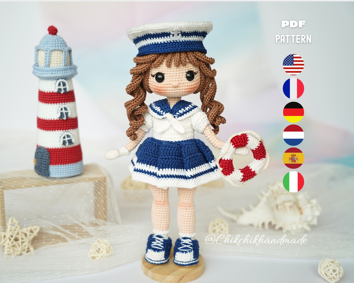 Crochet Sailor Girl Doll Pattern, Nautical Amigurumi Doll, Lucy the Sailor, PDF Tutorial (En/Fr/De/Es/Nl/It)