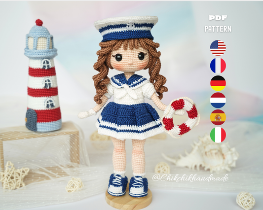 Crochet Sailor Girl Doll Pattern, Nautical Amigurumi Doll, Lucy the Sailor, PDF Tutorial (En/Fr/De/Es/Nl/It)