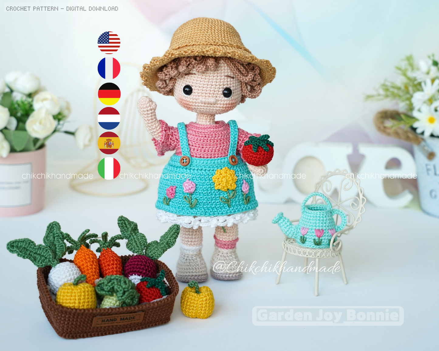 Crochet Doll Pattern, Garden Joy Bonnie, Amigurumi Doll Pattern, Digital Tutorial PDF (En/Fr/De/Esp/Nl/It)