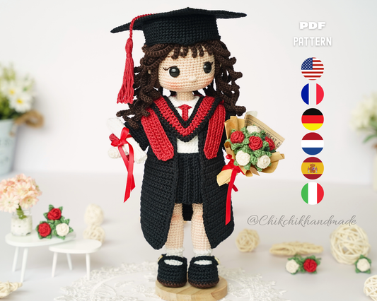 Graduation Doll Crochet Pattern, Olivia the Graduate, Graduate Girl Doll Amigurumi PDF Pattern (En/Fr/De/Es/Nl/It)