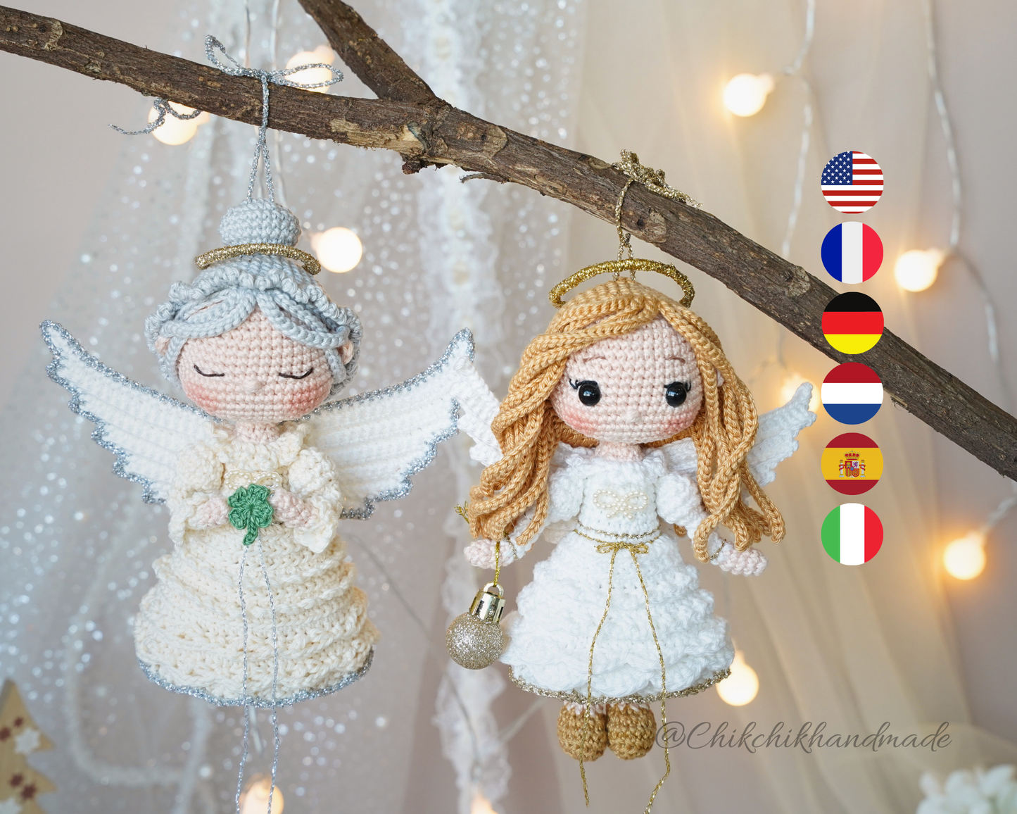 Angel Ornament Crochet Pattern, Cloverine & Melina Amigurumi, Guardian Angel Doll, Easy PDF Tutorial (En/Fr/De/Esp/It/NL)