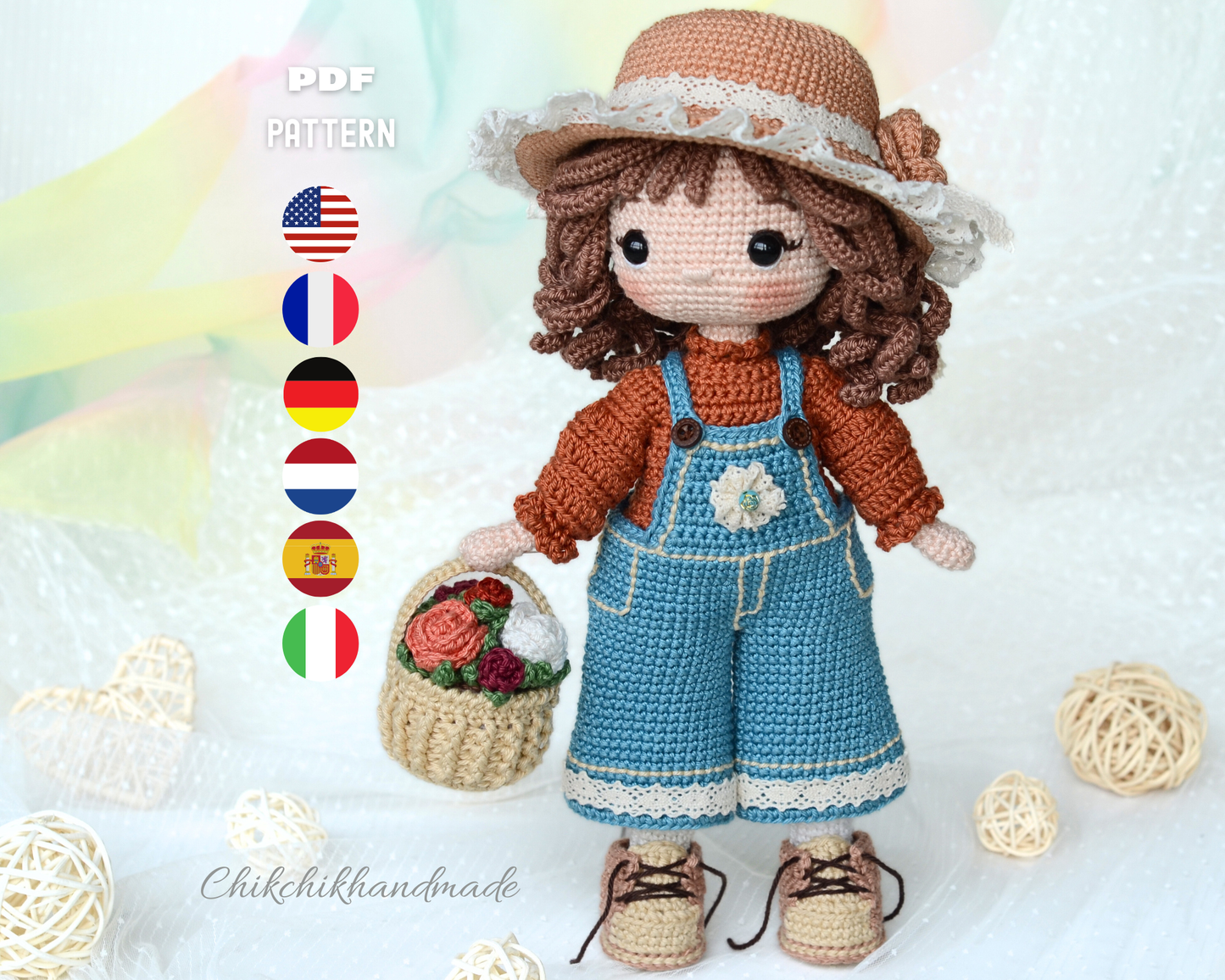 Little Cathy Crochet Doll Pattern, Amigurumi Doll in Overalls & Flower Basket, PDF Tutorial (En/Fr/De/Es/It/Nl)