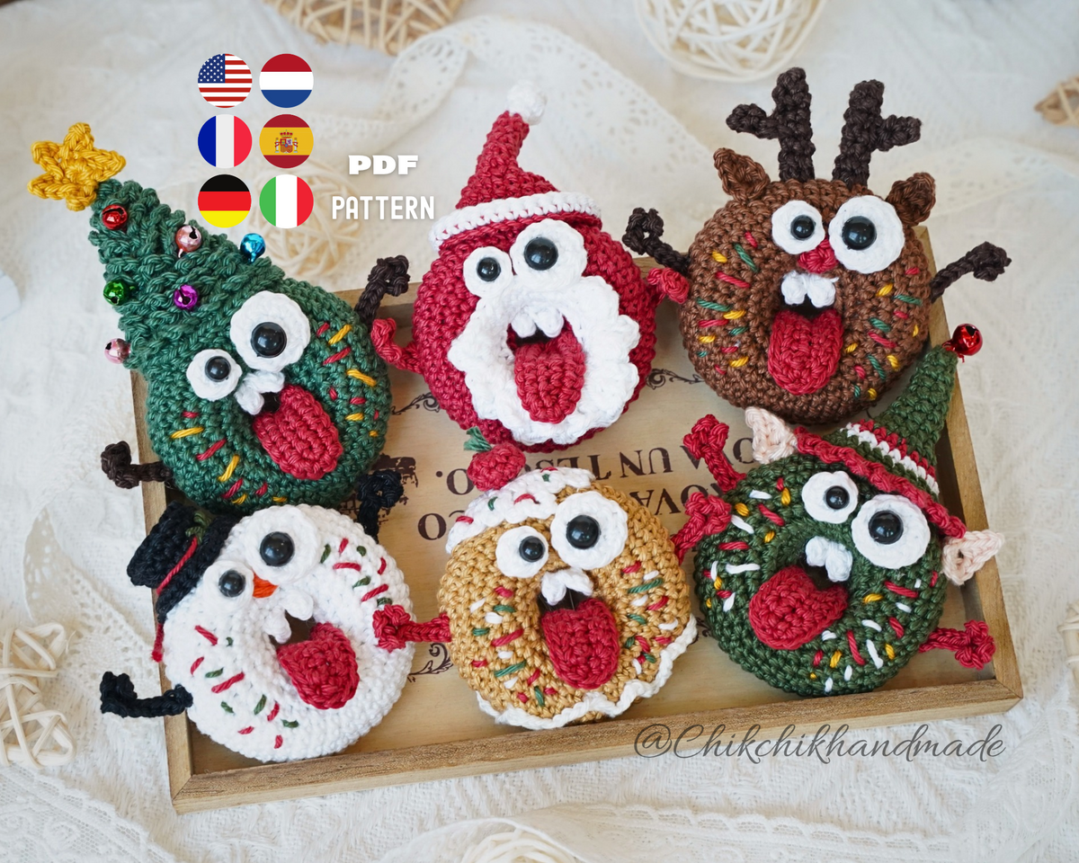 6-in-1 Christmas Donut Amigurumi Crochet Pattern – Goofy Christmas Donuts Classic, PDF Tutorial (En/Fr/De/Es/It/Nl)
