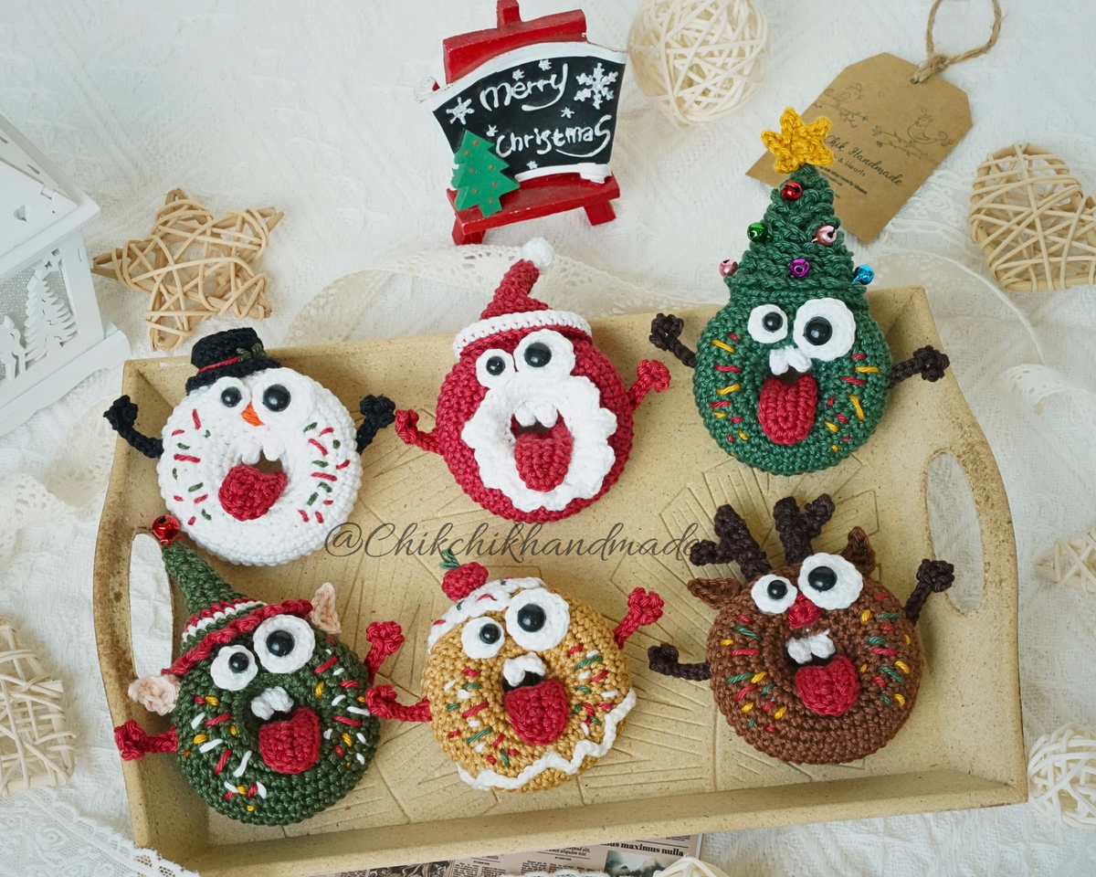 6-in-1 Christmas Donut Amigurumi Crochet Pattern – Goofy Christmas Donuts Classic, PDF Tutorial (En/Fr/De/Es/It/Nl)