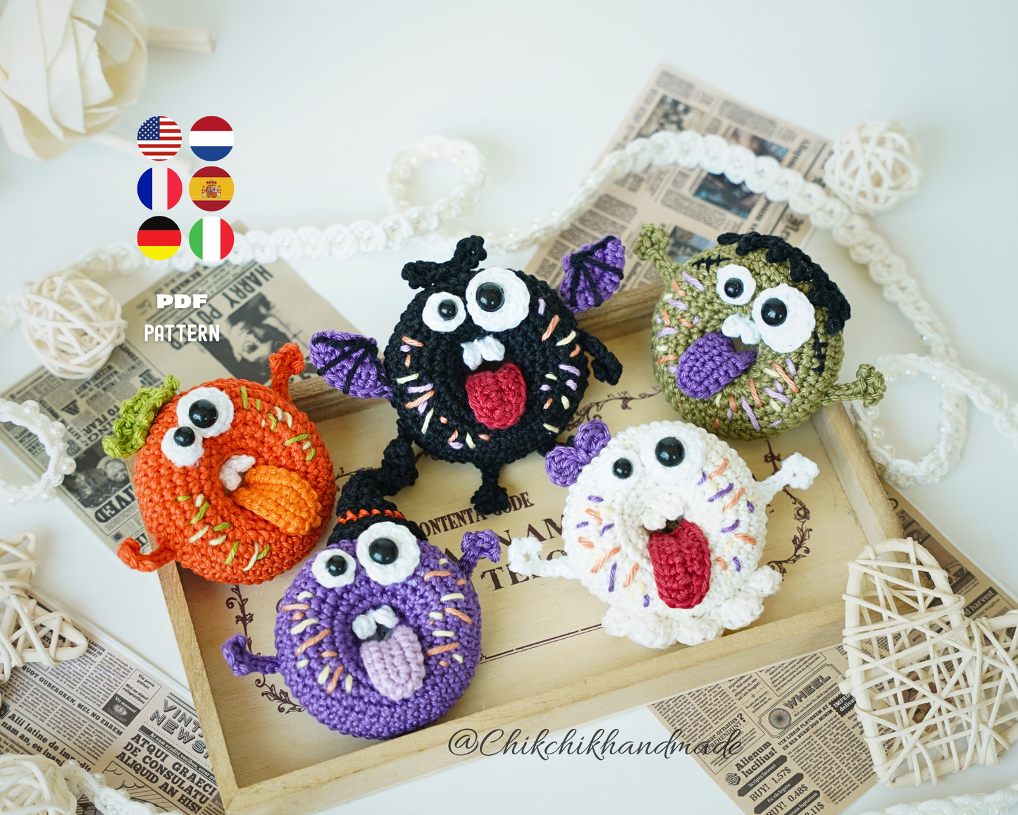 Goofy Halloween Donut Crochet Pattern, 5 Funny Amigurumi Donut Patterns, PDF Tutorial (En/Fr/De/Es/Nl/It)