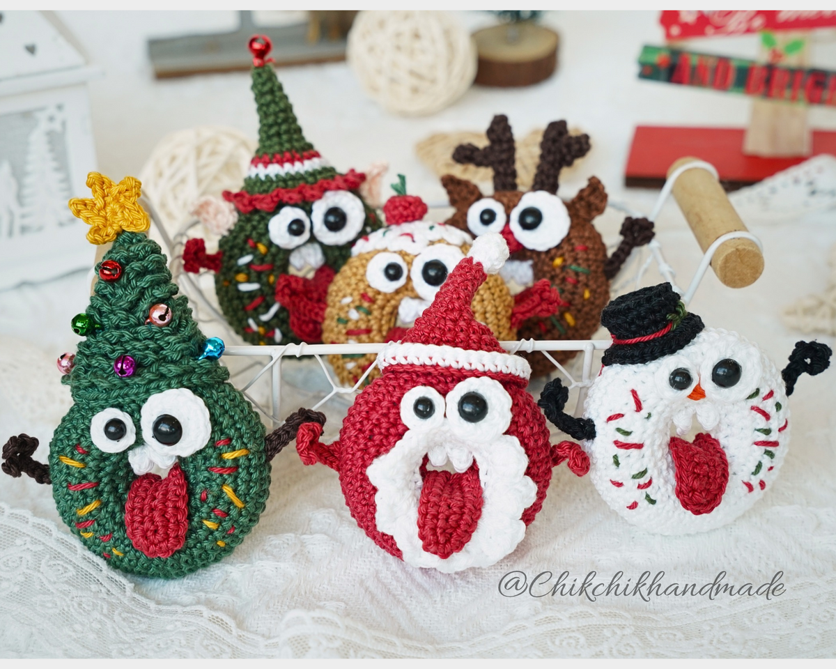 6-in-1 Christmas Donut Amigurumi Crochet Pattern – Goofy Christmas Donuts Classic, PDF Tutorial (En/Fr/De/Es/It/Nl)
