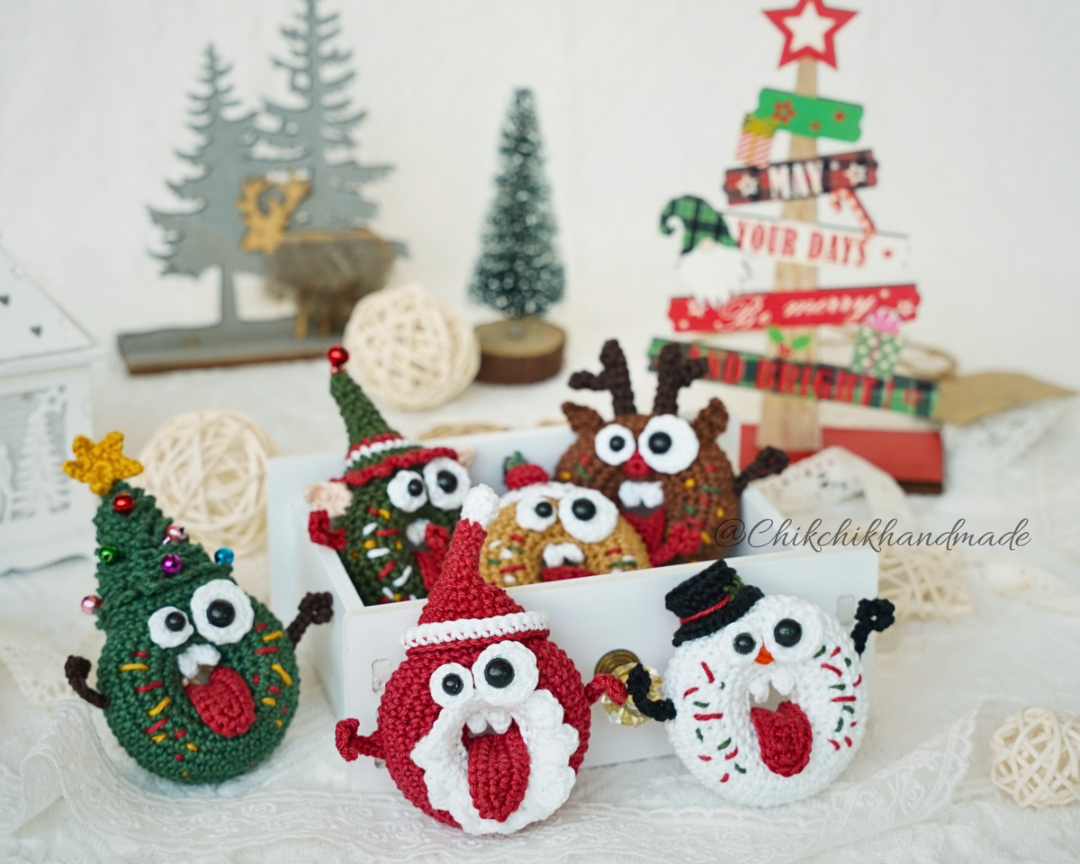 6-in-1 Christmas Donut Amigurumi Crochet Pattern – Goofy Christmas Donuts Classic, PDF Tutorial (En/Fr/De/Es/It/Nl)