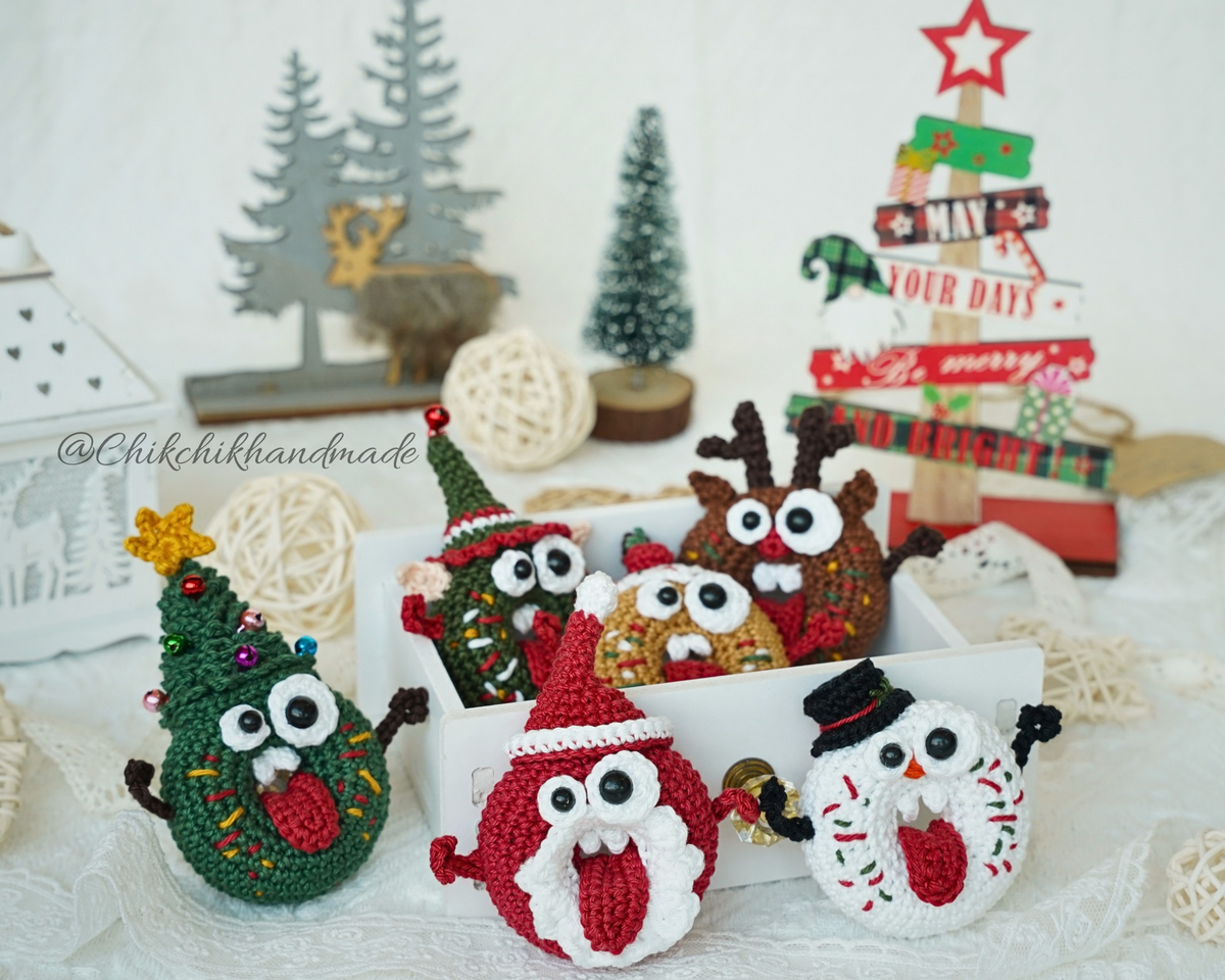 6-in-1 Christmas Donut Amigurumi Crochet Pattern – Goofy Christmas Donuts Classic, PDF Tutorial (En/Fr/De/Es/It/Nl)