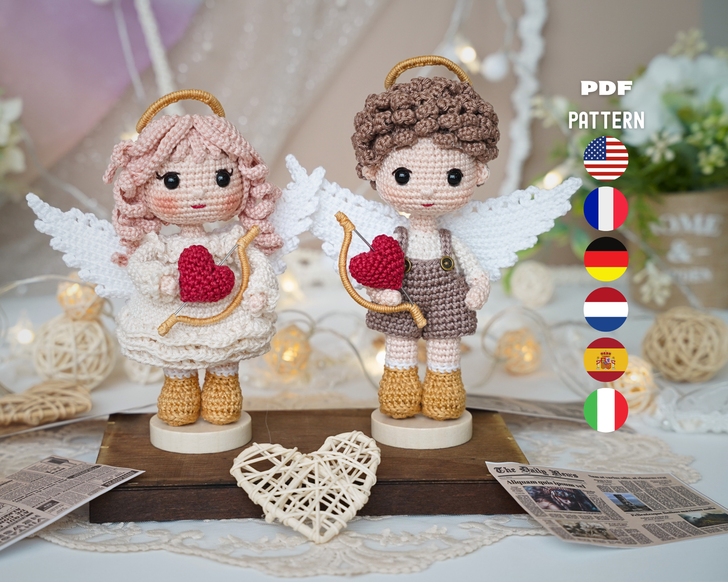 Cupid Angel Crochet Pattern, Valentine Amigurumi Doll, Elena & Felix, PDF Tutorial