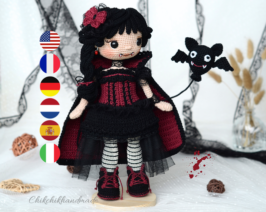 Vampire Crochet Doll Pattern, Halloween Amigurumi Doll, MISTY the Vampire, PDF Tutorial (En, Fr, Es, De, It, Nl)
