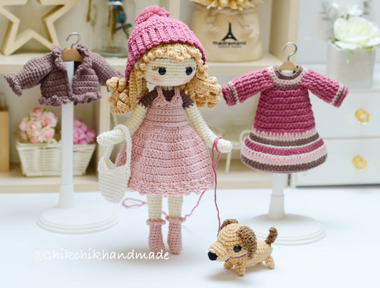 Crochet doll pattern LITTLE DAISY doll PDF English, Français, Español (dachshund dog included)