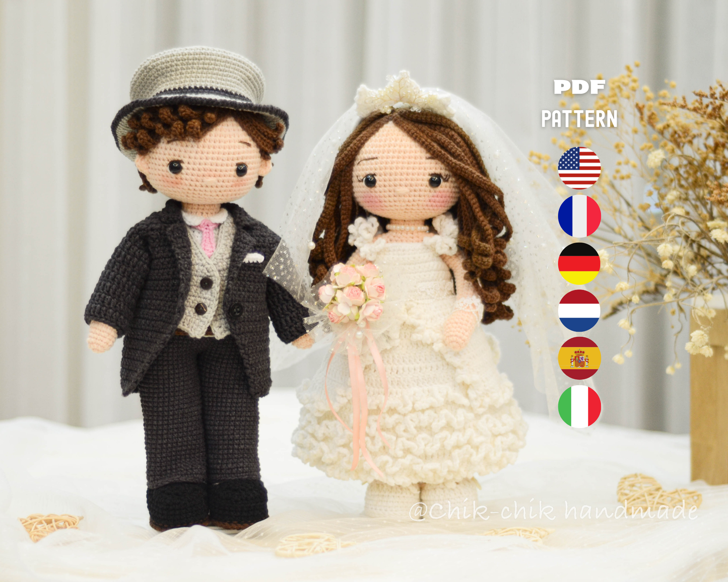 Bride and Groom Crochet Pattern, Amigurumi Wedding Couple Doll Crochet Pattern, PDF Tutorial (En, Fr, De, Es, Nl, It)